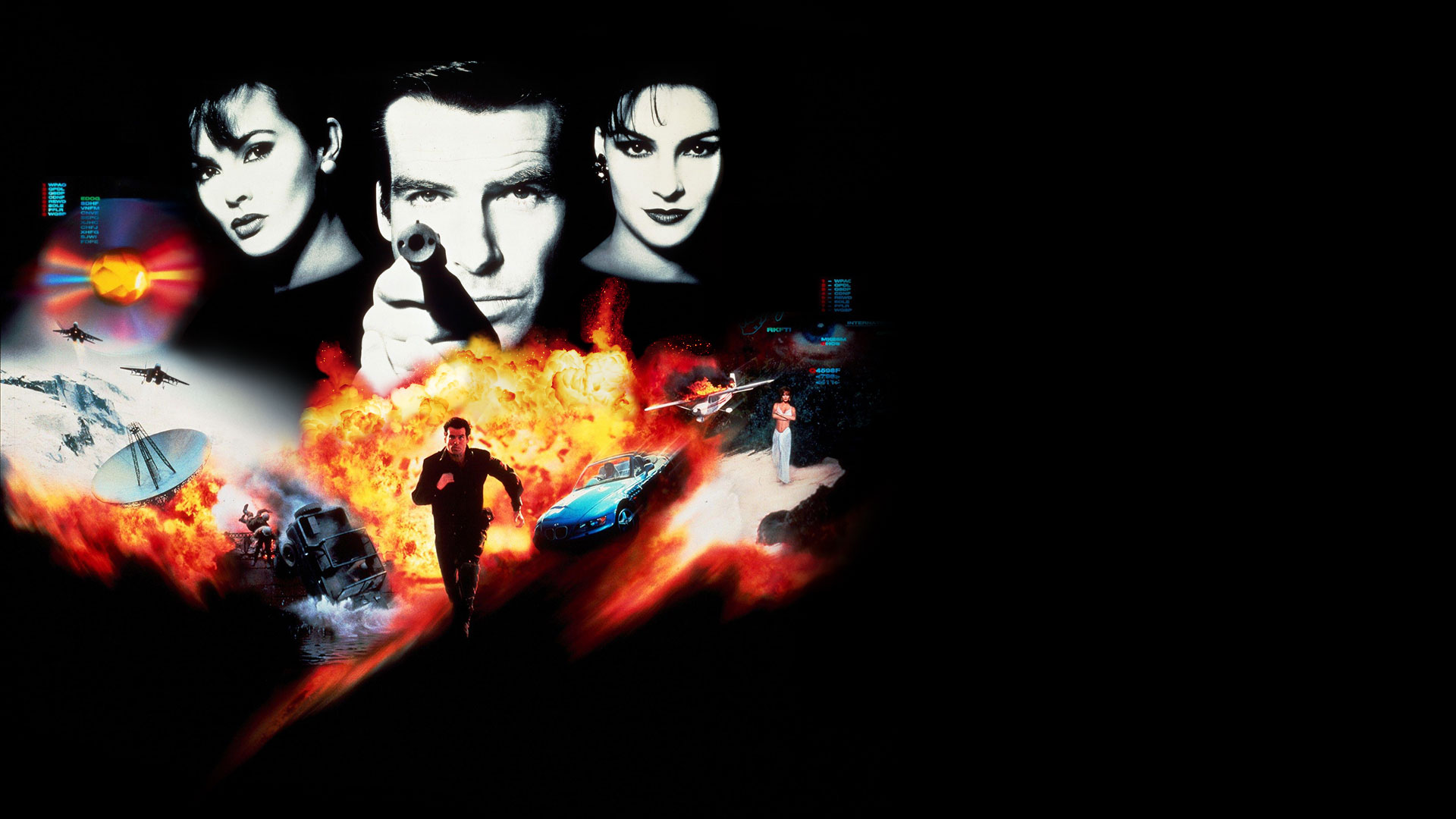 Eine Collage von Szenen und Figuren aus GoldenEye 007.