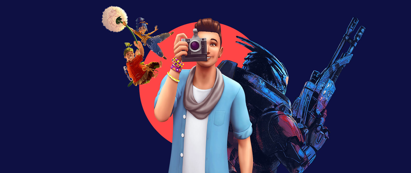 Arte de los personajes de los juegos de EA, como It Takes Two, Los Sims 4 y Mass Effect Legendary Edition.