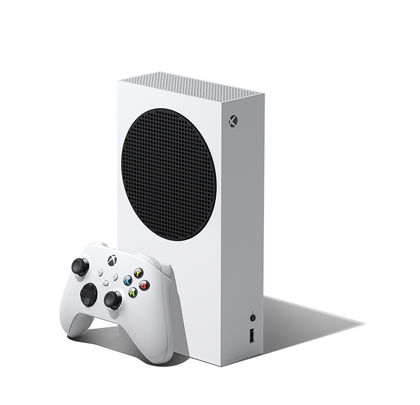 Left angle of the Xbox Series S with an Xbox wireless controller