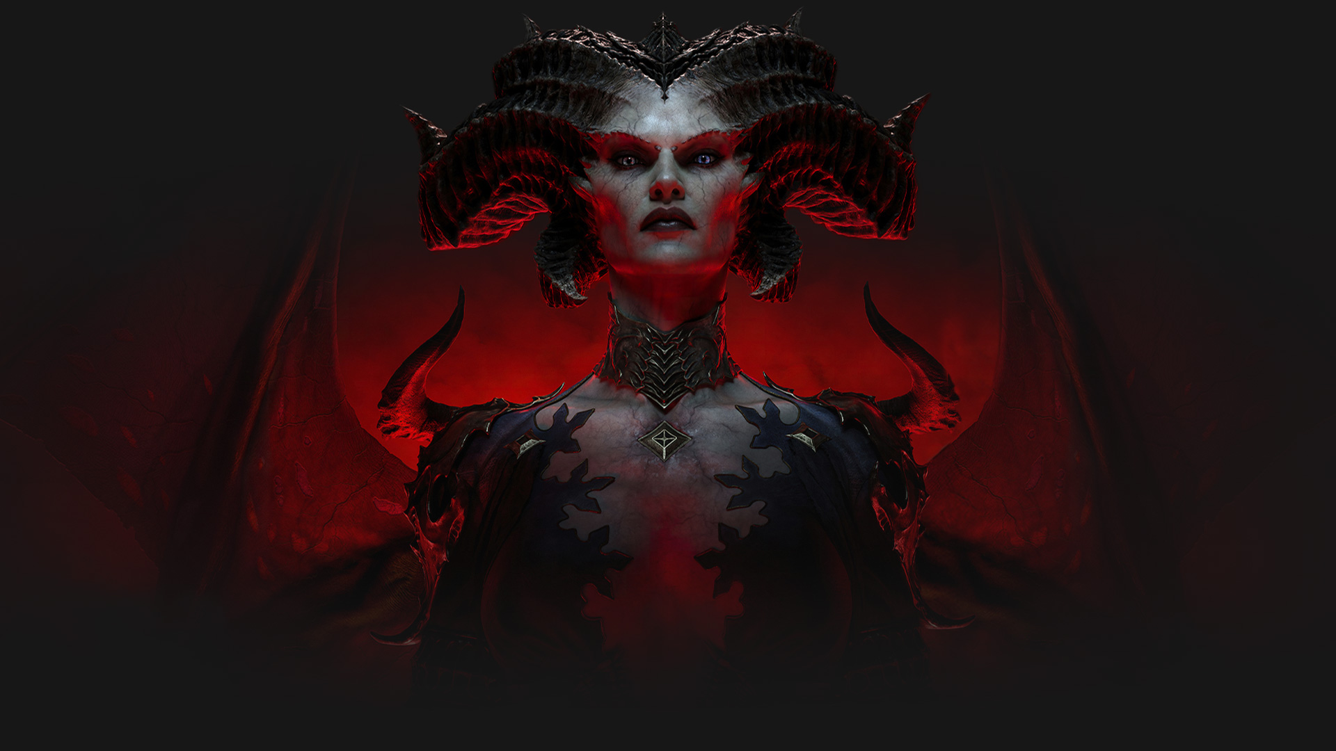 Close up of Lilith from Diablo IV.