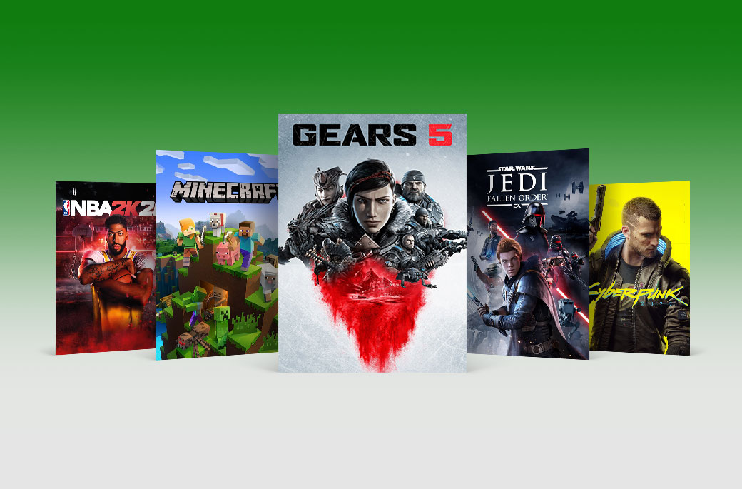 An array of game box art including NBA 2K20, Minecraft, Gears 5, Star Wars Jedi Fallen Order, and Cyberpunk 2077