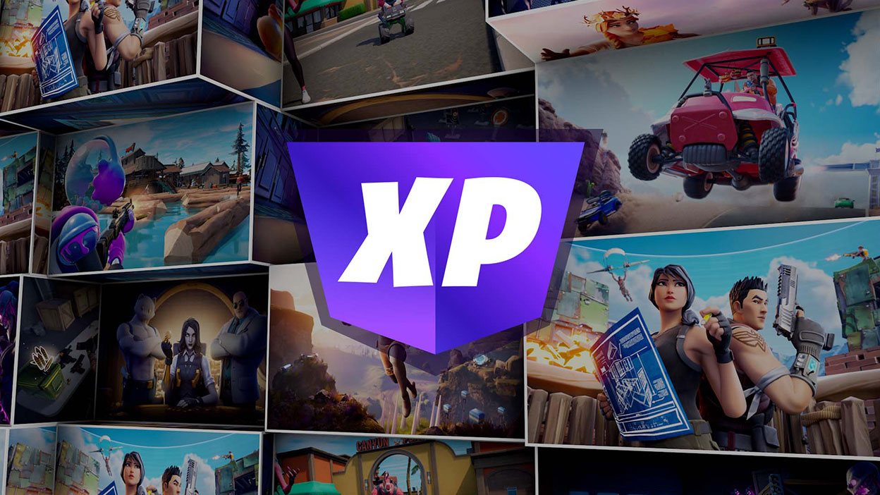 Una insignia morada de XP delante de un collage de capturas de pantalla de juego de Fortnite. 