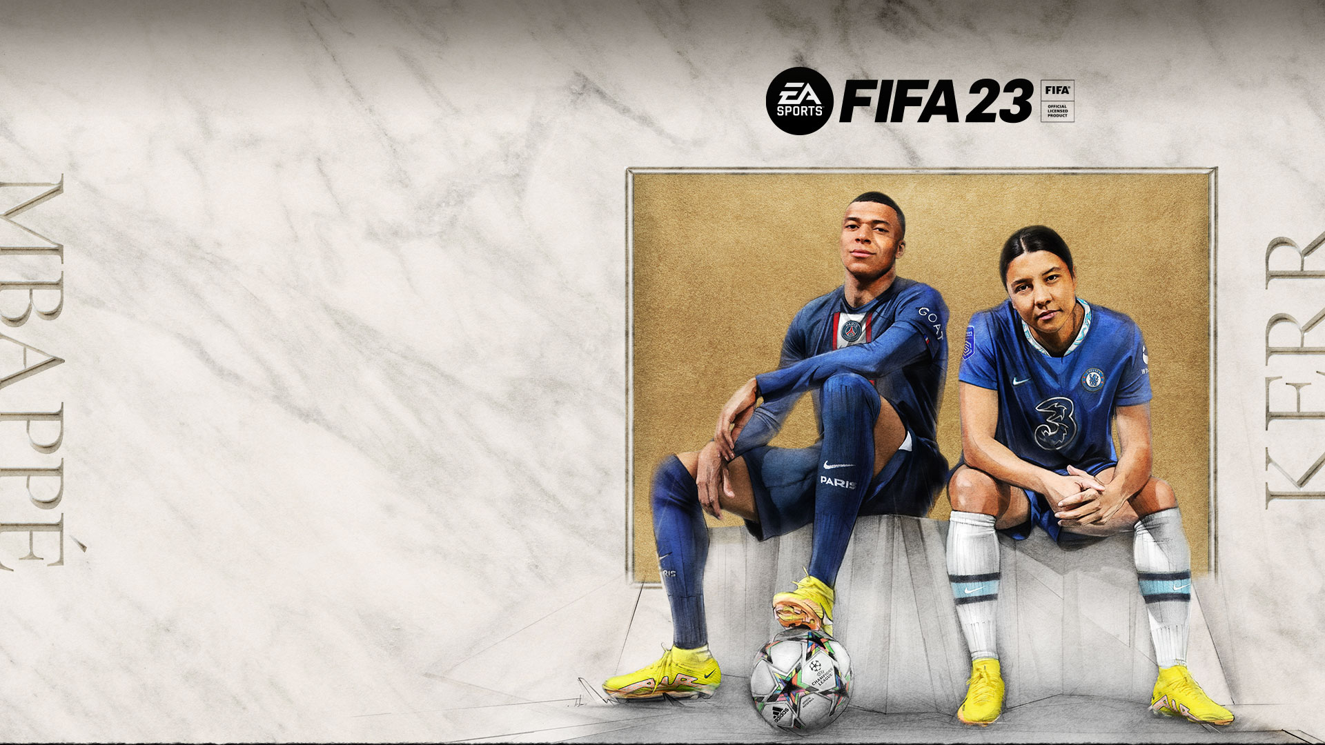 EA SPORTS FIFA 23, FIFA Official Licensed Product, Ultimate Edition, Mbappe, Kerr, two players sit on a cloth-covered bench in front of a corkboard.
