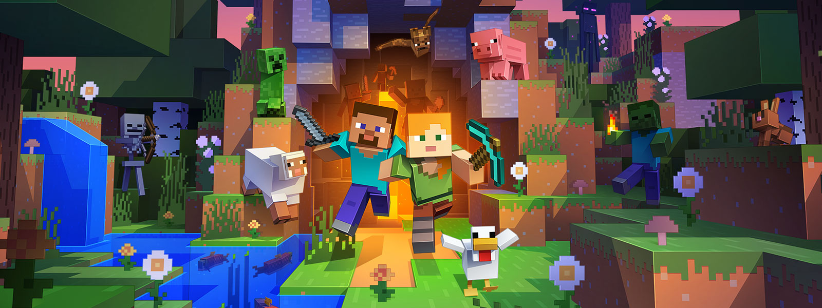 Zwei Charaktere kommen aus einem Tunnel mit vielen Kreaturen aus der Minecraft-Welt
