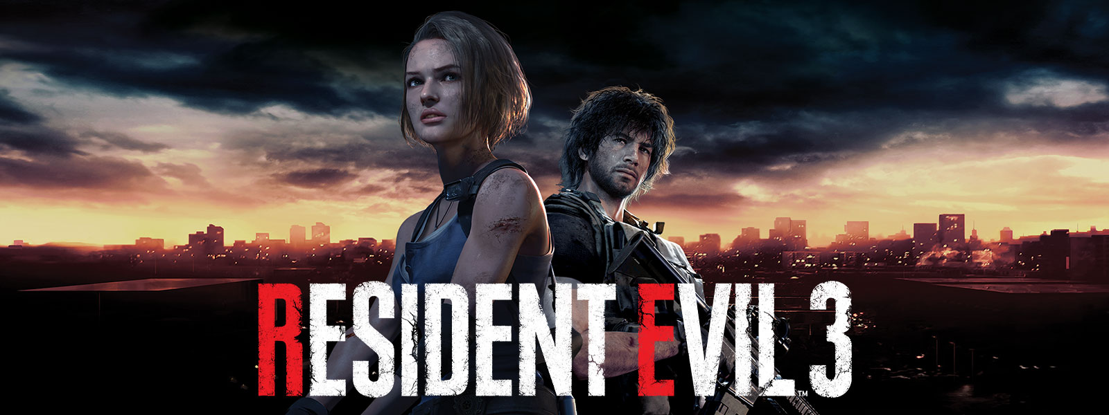 Resident Evil 3, Jill Valentine ja Carlos Oliveira seisovat Raccoon Cityn siluetin edessä