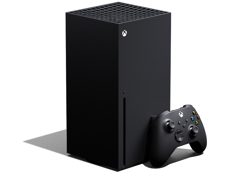 Xbox Series X viistosti vasemmalta langattoman Xbox-ohjaimen kanssa