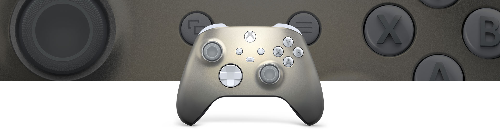 Xbox Wireless Controller - Lunar Shift Special Edition in front of a close-up of the controller