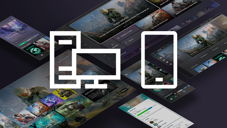 PC and mobile phone icons overlaid on a collage of images of XBOX app UI