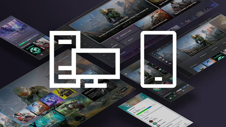 Iconos de PC y celular sobre un collage de imágenes de la interfaz de usuario de la app Xbox