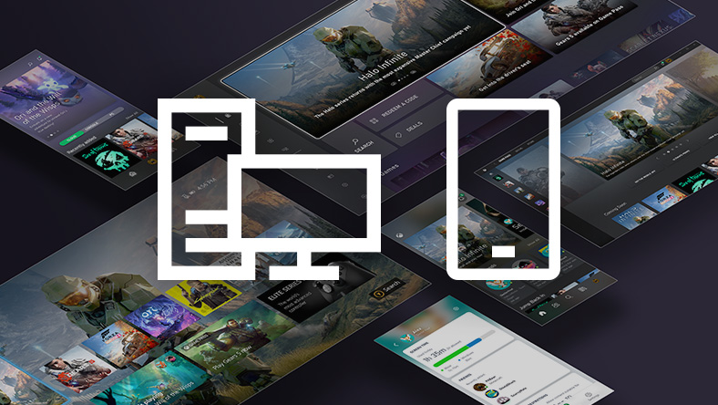 PC and mobile phone icons overlaid on a collage of images of Xbox app UI