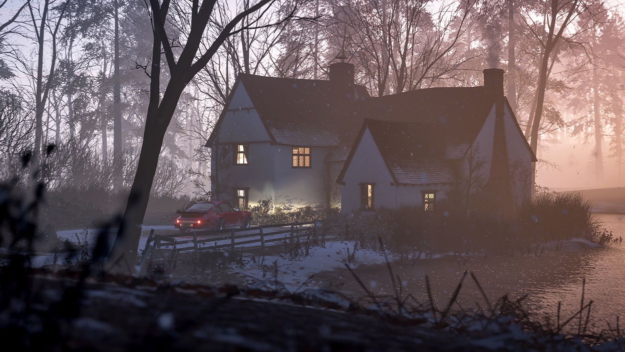 Ein friedliches Landhaus an einem See in der Abenddämmerung bei Schneefall, aus dem Lichter durch das Fenster scheinen