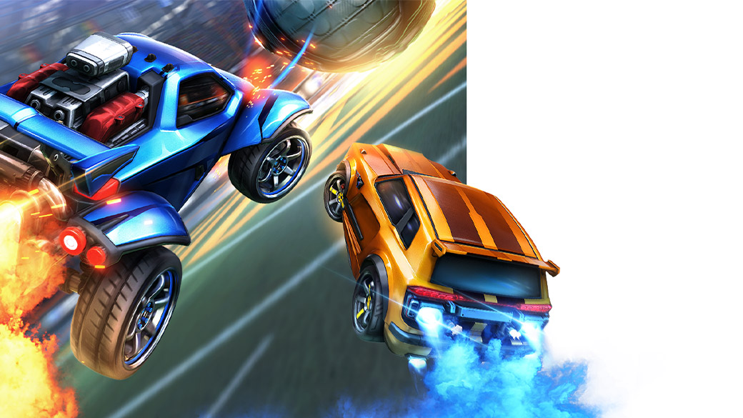 Rocket League. Roket destekli iki araba, havada asılı duran bir topa doğru uçuyor.