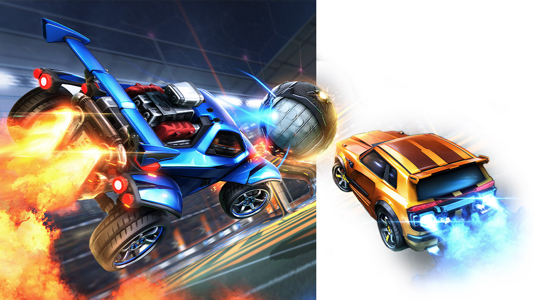 Rocket League. Two rocket powered cars fly toward a ball that is suspended in mid-air.