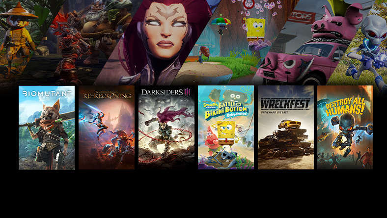 Box art and characters from games that are part of the THQN & Handy Games Sale, including Biomutant, Darksiders III, and Kingdoms of Amalur Re-Reckoning