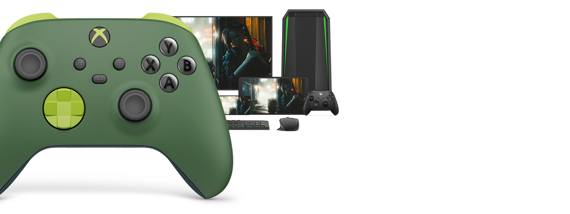 Vooraanzicht van de rechterkant van de Xbox draadloze controller - Remix Special Edition met verschillende speelbare platforms erachter