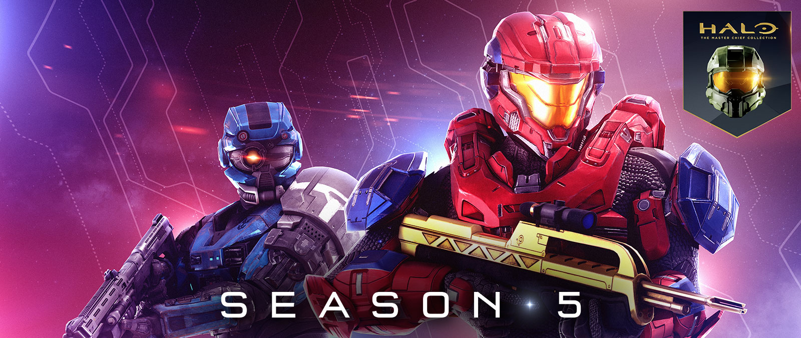 Halo: The Master Chief Collection, Temporada 5, um Spartan vermelho segura um rifle de batalha dourado enquanto um Spartan azul usa um capacete especial com um olho