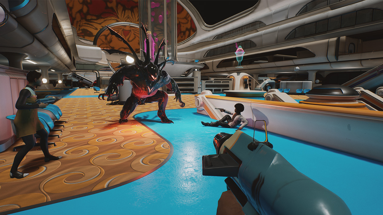 En grupp med spelare som slåss mot ett stort monster i ett stort rum på ett rymdskepp.