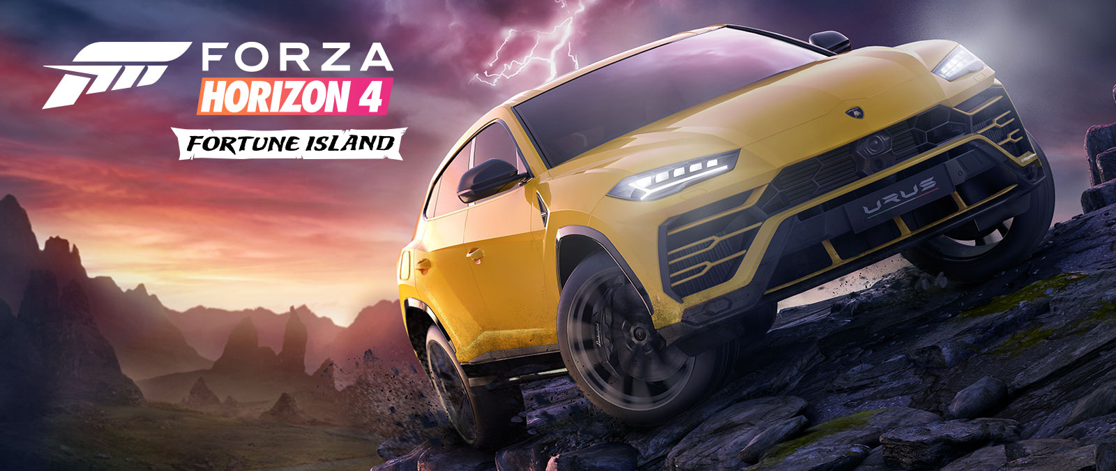 Forza Horizon 4 Fortune Island, a Yellow Lamborghini Urus drives of treacherous terrain with lightning in the background