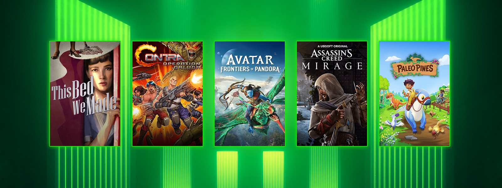 Box art from games included in the Publisher Spotlight Series sale, including Avatar Frontiers of Pandora, Assassin's Creed Mirage, and Contra: Operation Galuga.
