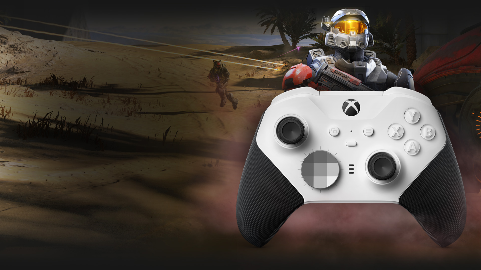 A multiplayer Spartan stands behind the Xbox Elite Wireless Controller Series 2 – Core (White). Two teams of Spartans battle it out in a desert environment in the background.