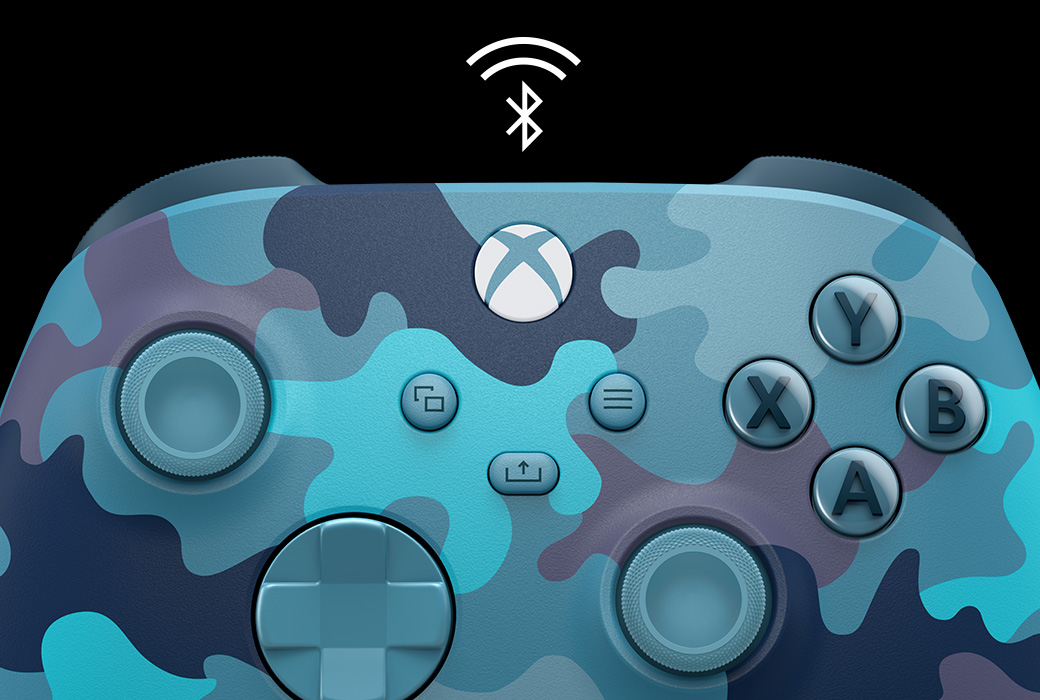 Lähikuva langattomasta Xbox-ohjaimesta Mineral Camo sekä Bluetooth-kuvake