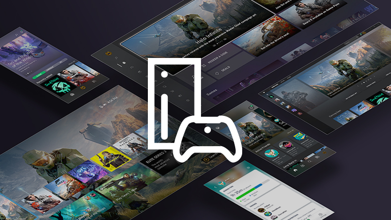 Xbox 用户界面的图像拼贴画,上面覆盖着 Xbox Series X 的轮廓