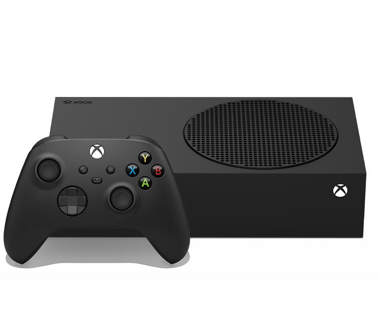 Xbox Series S – 1TB (Black) laid down horizontally with an Xbox Wireless Controller – Carbon Black