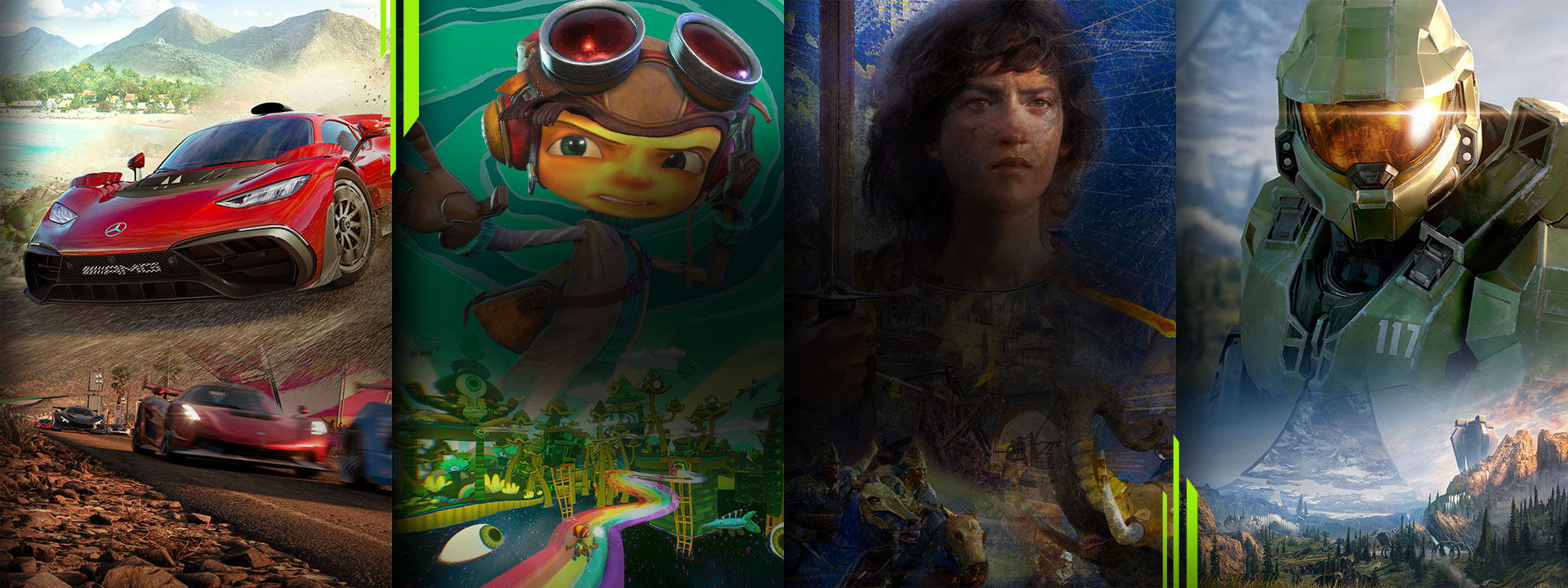 A selection of games available with Xbox Game Pass including Forza Horizon 5, Psychonauts 2, Age of Empires 4 and Halo Infinite.
