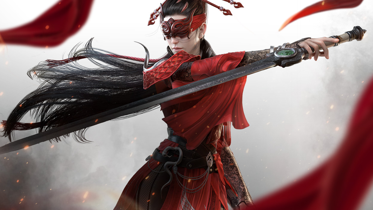 A warrior in red robes holds her sword at the ready.