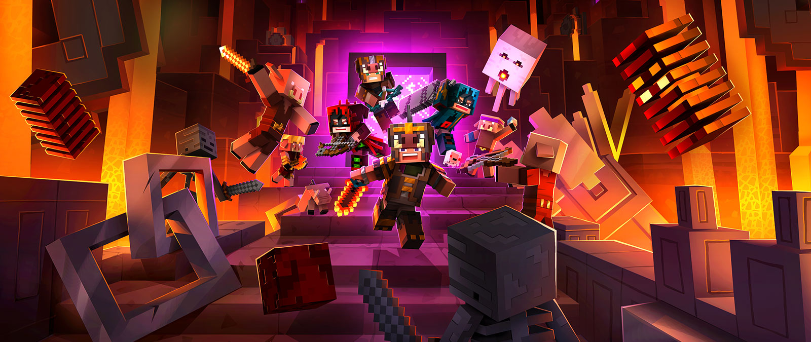 Personages uit Minecraft Dungeons vliegen uit een Nether-portaal