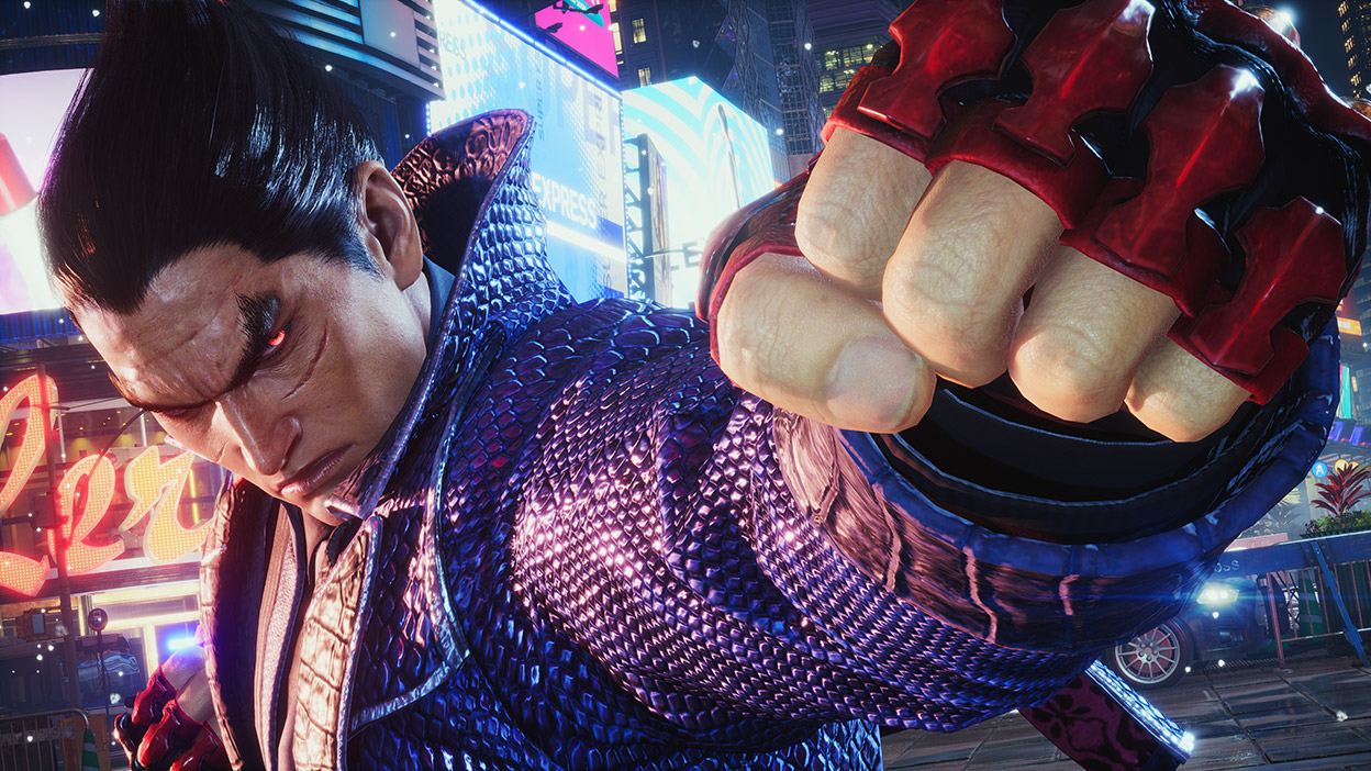 Kazuya Mishima glares menacingly with glowing purple eyes and a lifted fist.