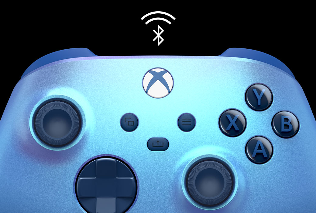 Primer plano del Control inalámbrico Xbox Aqua Shift con un icono de Bluetooth